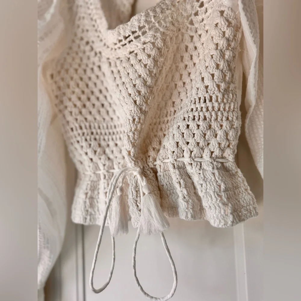 NWT Free People $128 Megan Crochet Knit Open Back Key Hole Blouse Ivory Small